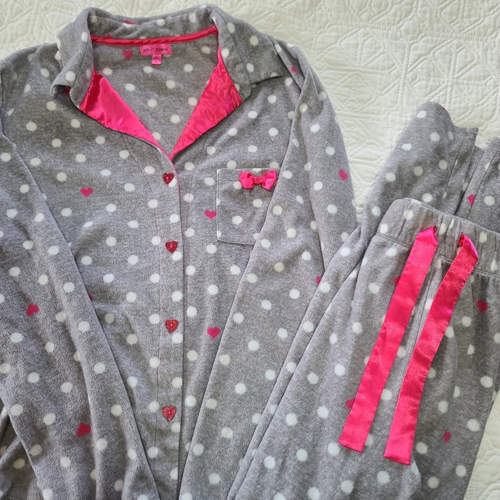 Betsey Johnson Pajama Set | Size Large | Gray/White/Pink